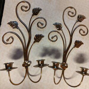 Vintage Set Gold Tone Double Candle Sconces Scroll and Leaf Candle Holder